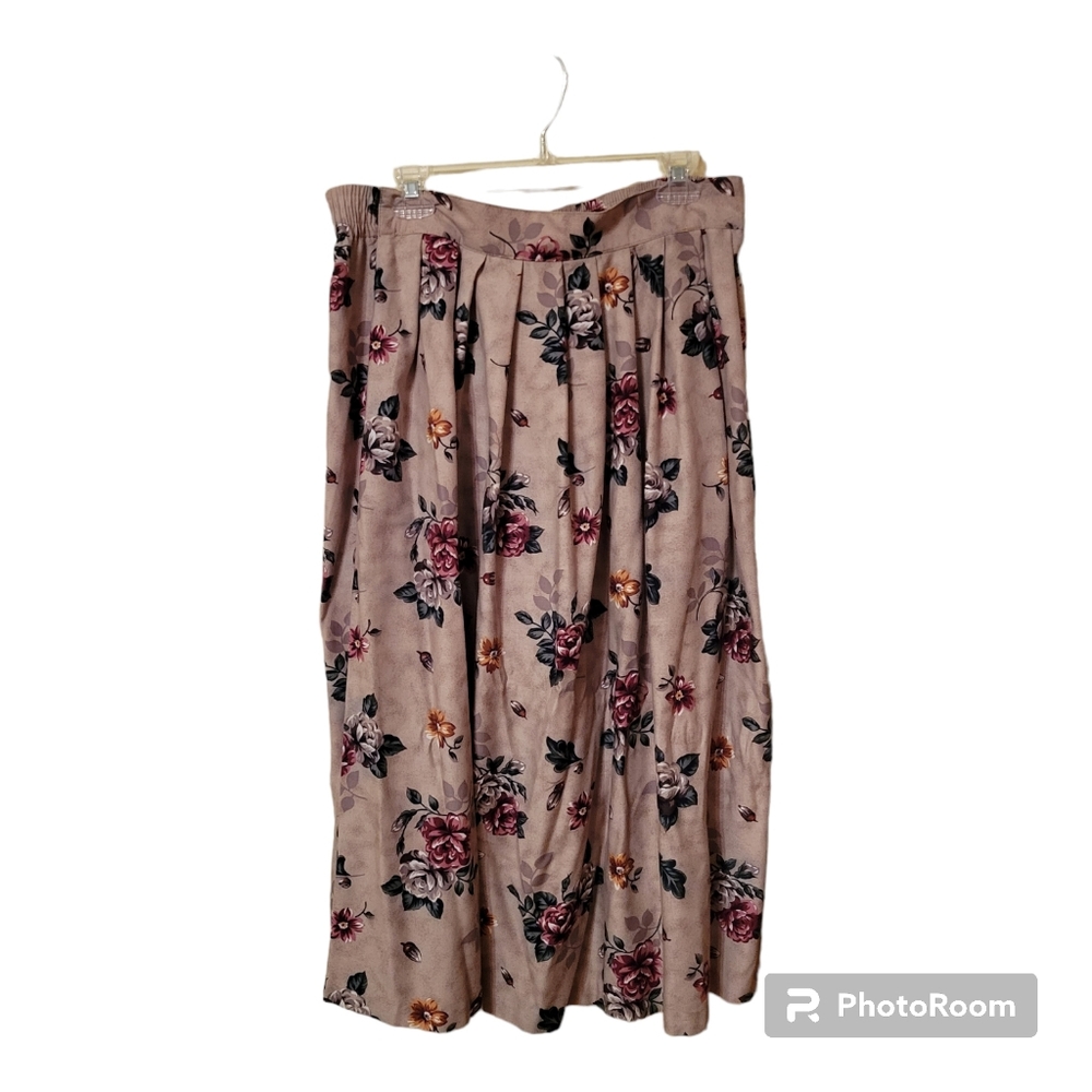 Kathie Lee Tan Floral Skirt Size 16 Polyester Blend Made In U.S.A. Vintage